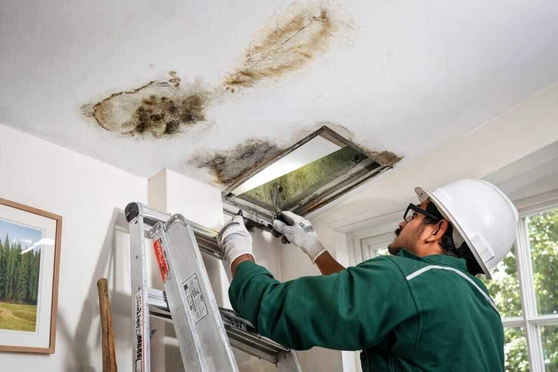 A water-stained Brooklyn ceiling from an upstairs leak
