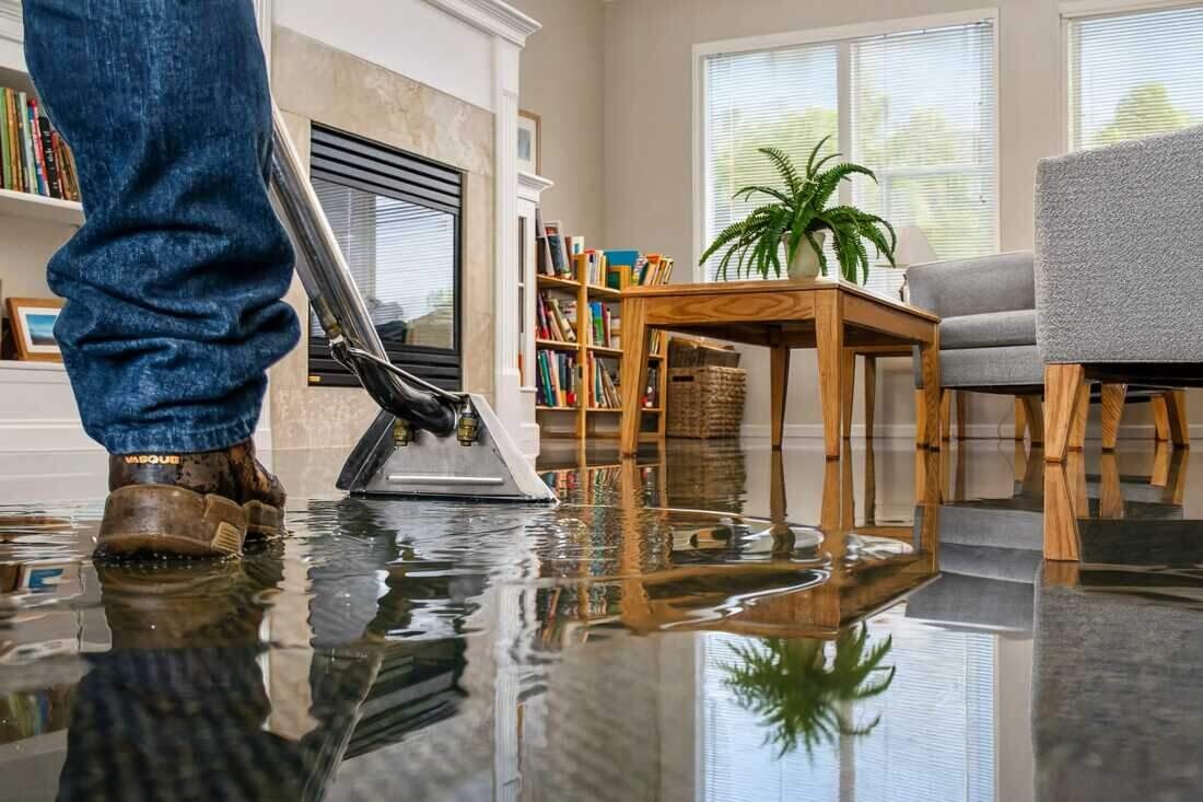 A flooded Brooklyn living room during an emergency water damage call