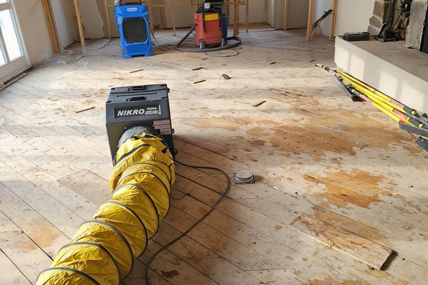 Drying and dehumidification equipment running during water mitigation in a Brooklyn home