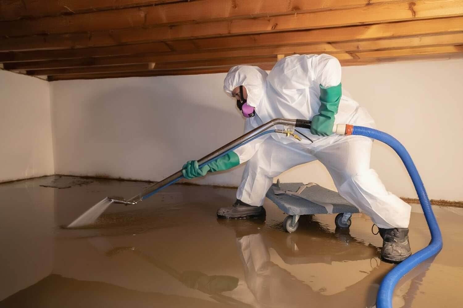 A flooded Brooklyn basement being pumped out and cleaned