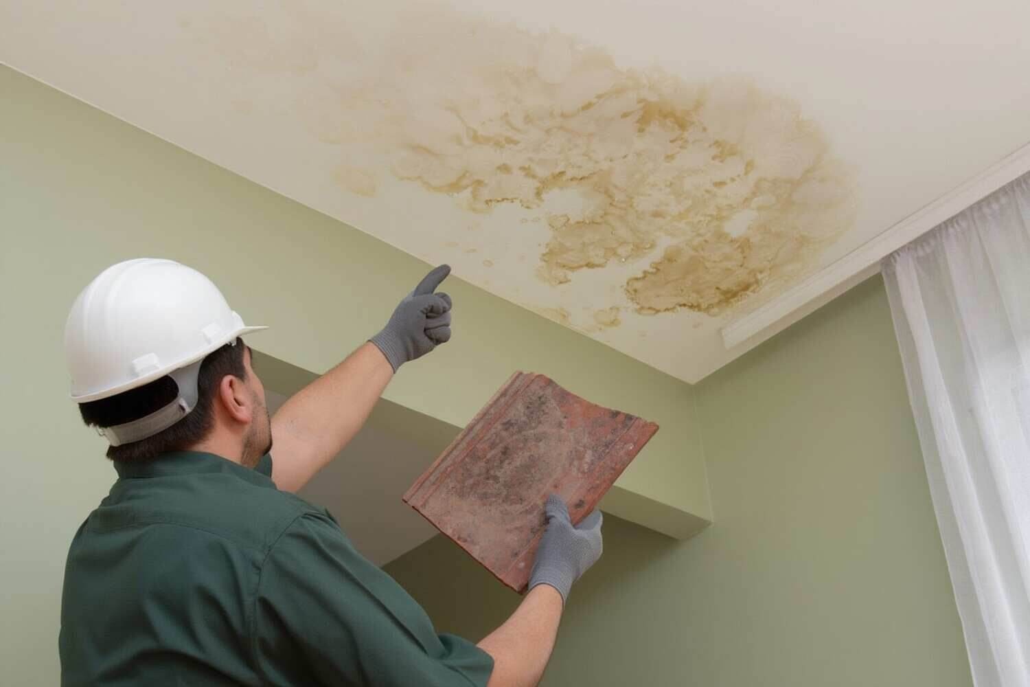 A Brooklyn technician inspecting a water-stained ceiling from an upstairs leak
