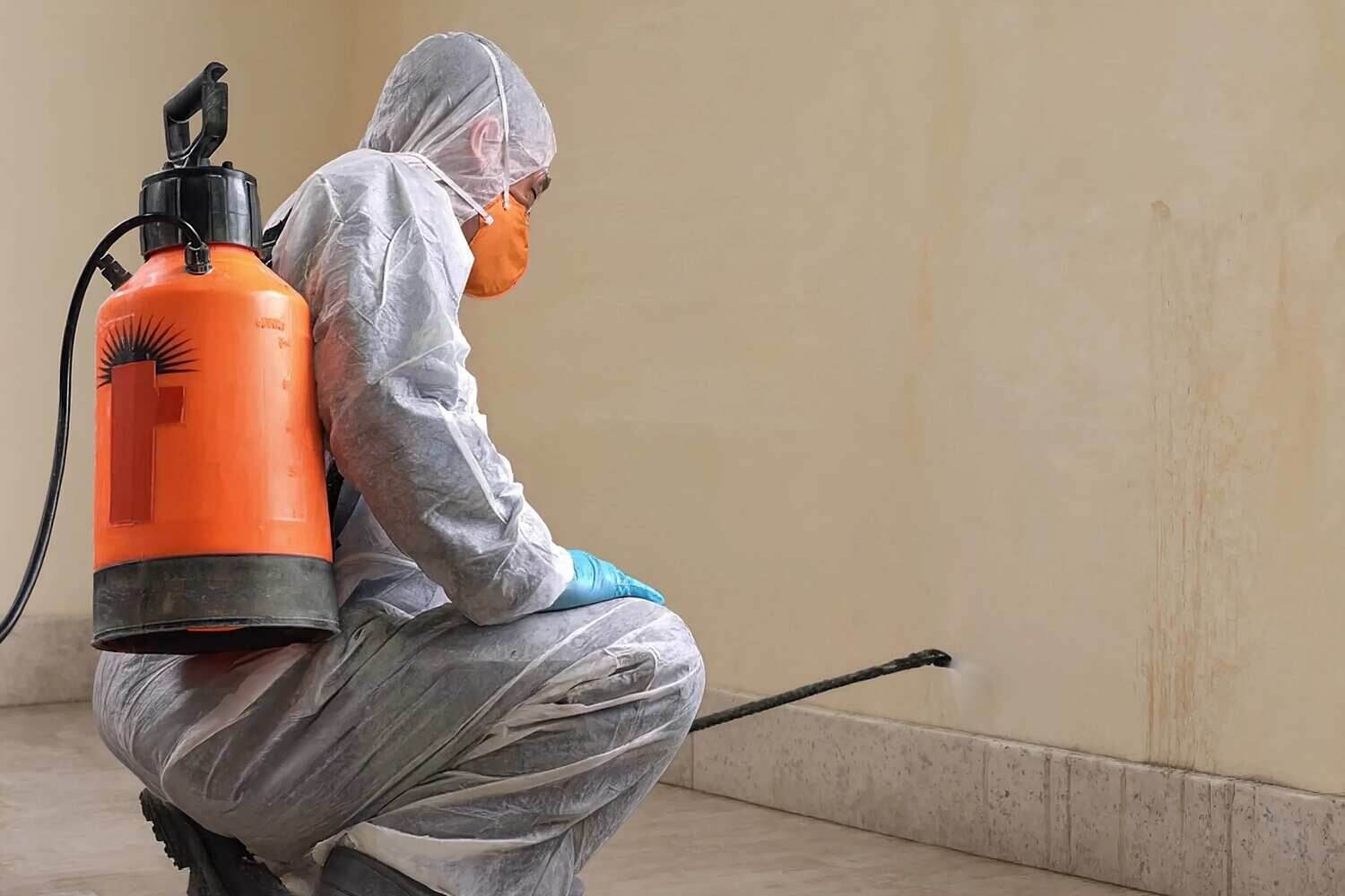 A technician in PPE containing mold growth after water damage