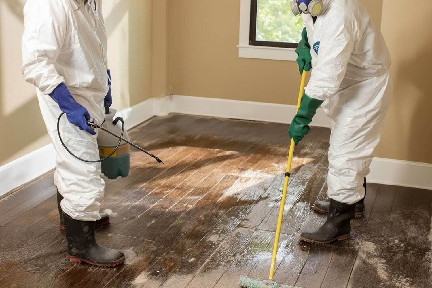 Technicians cleaning and disinfecting after a sewage backup