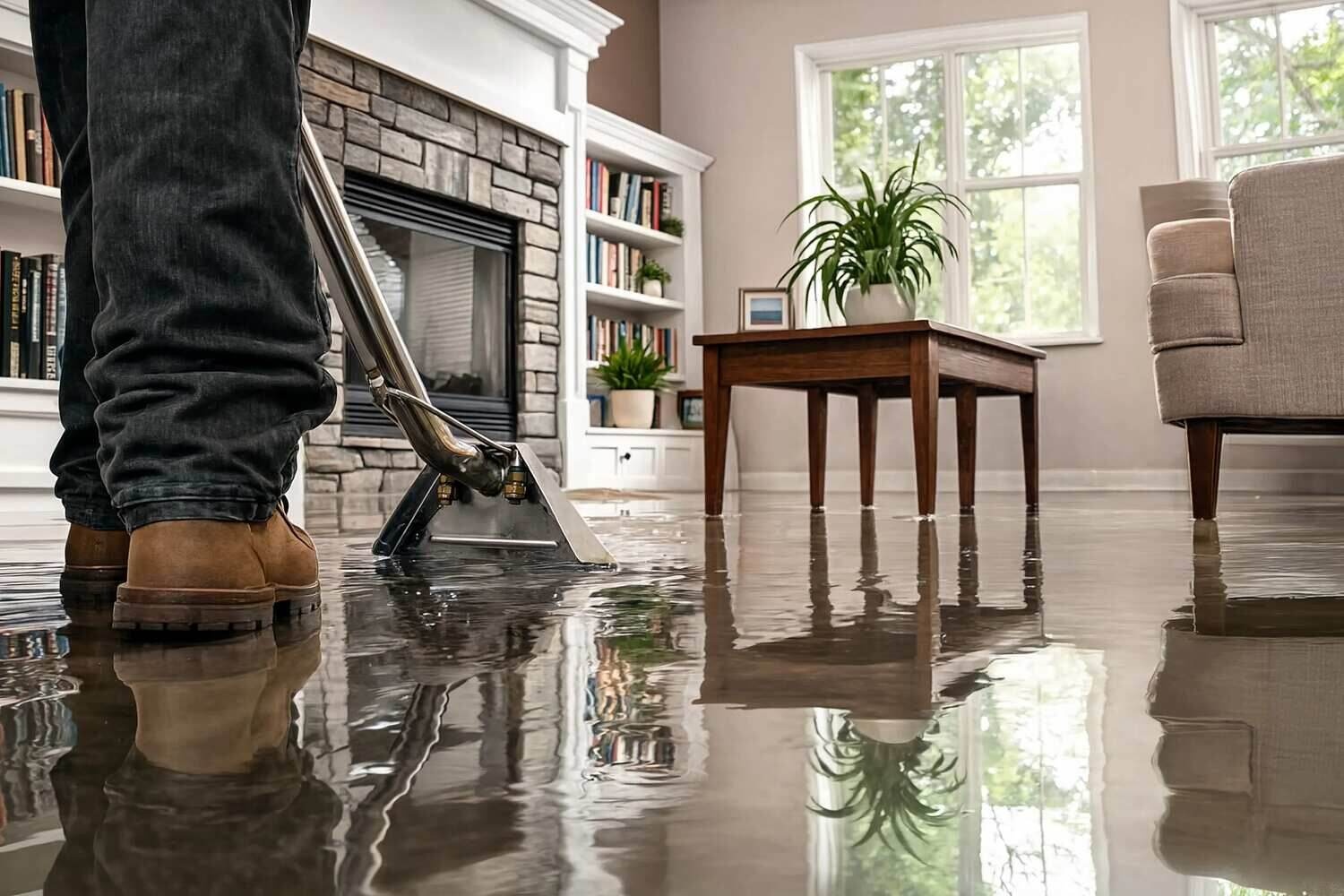 Standing water vacuumed from a flooded Brooklyn floor during water extraction