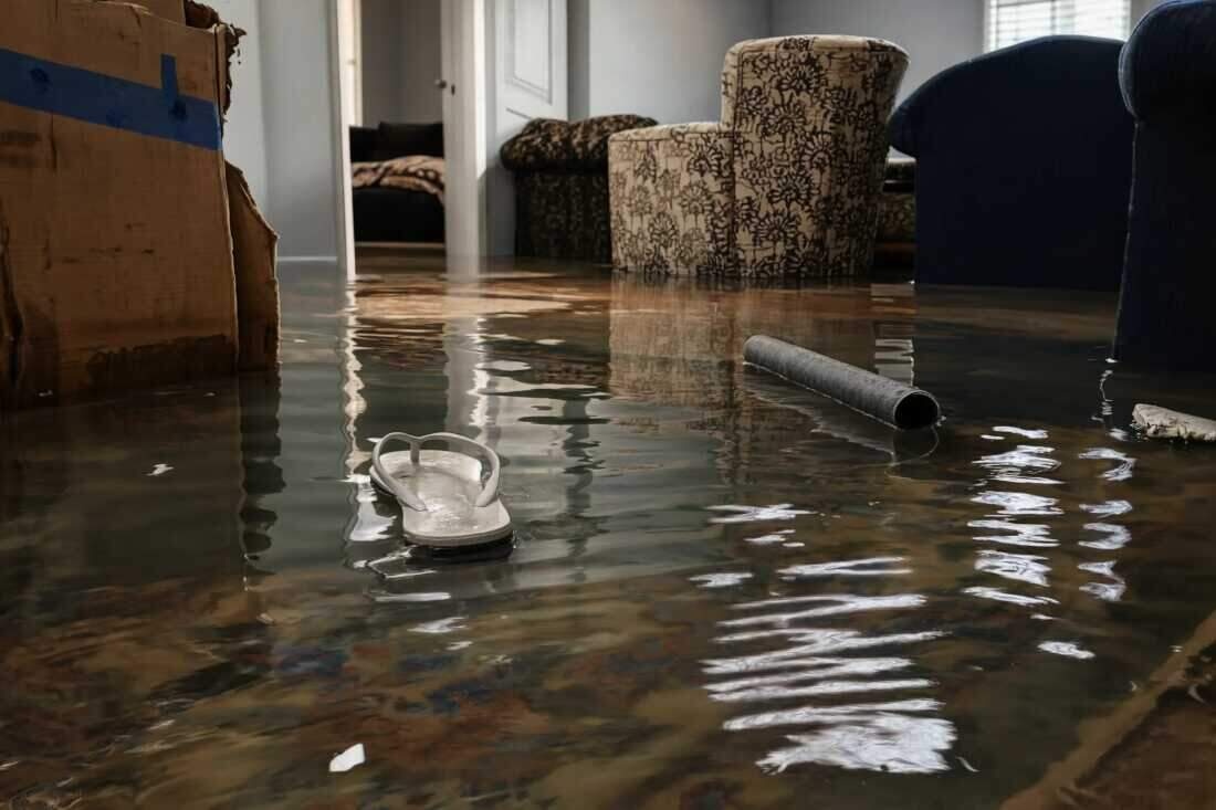 A Brooklyn living room flooded with standing water
